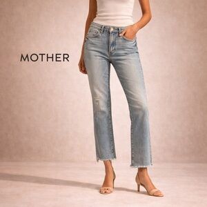 MOTHER Cropped Frayed Hem Jeans Light Wash Bootcut Denim Size 26